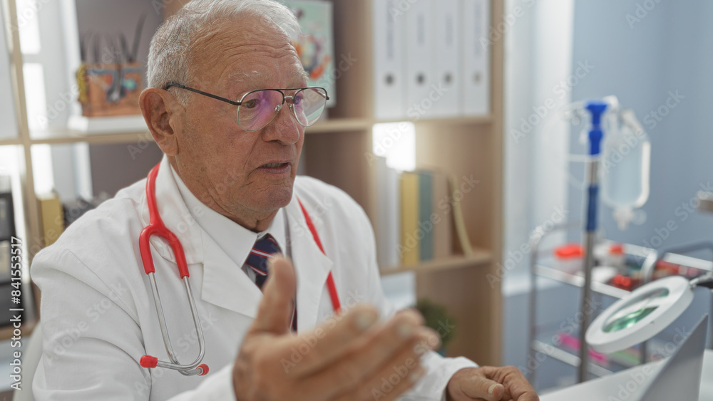 Elderly, grey-haired, caucasian man in a hospital room, wearing a stethoscope and medical coat, conversing at his workplace. Elderly, grey-haired, caucasian man in a hospital room, wearing a stethoscope and medical coat, conversing at his workplace.