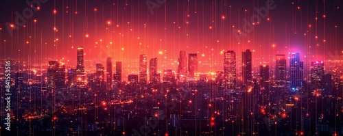 Cityscape with digital rain and network nodes