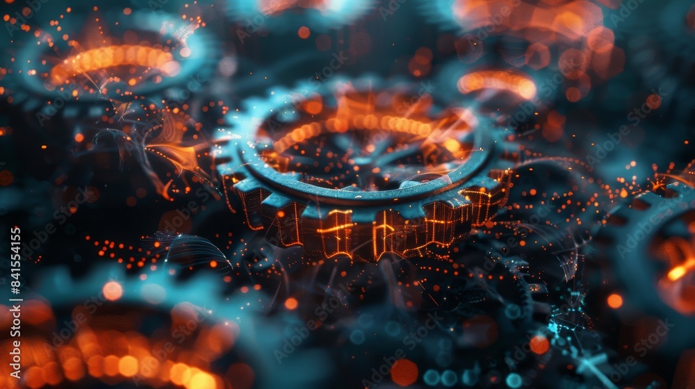 An abstract 3D illustration of gears and cogs merging with digital elements, illustrating the concept of innovation driving progress. An abstract 3D illustration of gears and cogs merging with digital elements, illustrating the concept of innovation driving progress.