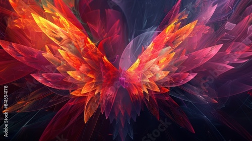 An abstract digital artwork featuring geometric shapes resembling wings  representing creativity and innovation.