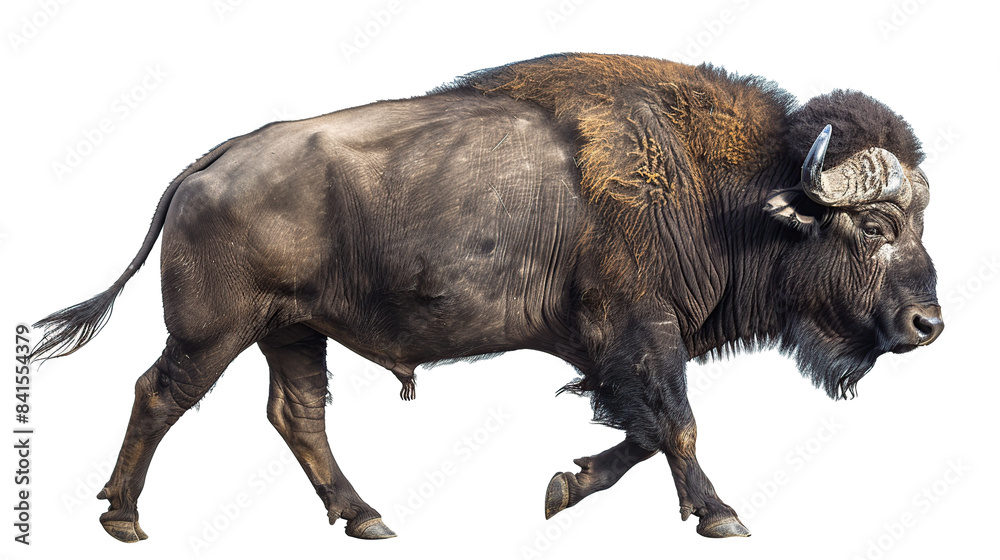 side view of a large buffalo walking, isolated on white background. Generative Ai side view of a large buffalo walking, isolated on white background. Generative Ai