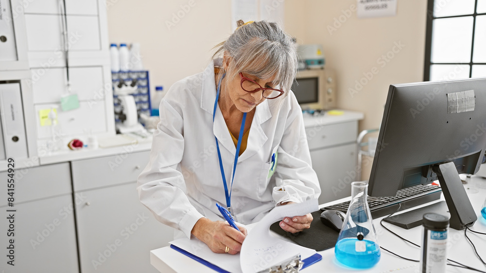 Mature woman with grey hair wearing glasses conducts research in a laboratory setting, writing notes. Mature woman with grey hair wearing glasses conducts research in a laboratory setting, writing notes.