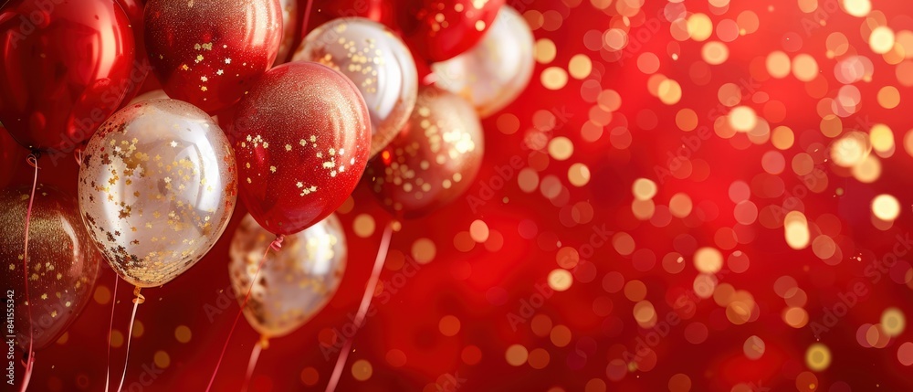 Carnival Themed Festival Celebration Red and Gold Balloons with Bright Red Backdrop Carnival Themed Festival Celebration Red and Gold Balloons with Bright Red Backdrop