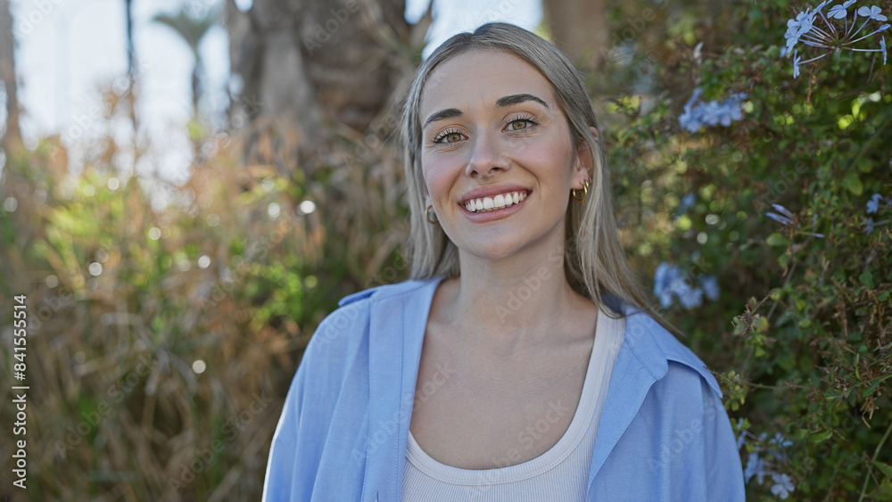Smiling young woman with blonde hair posing outdoors in a park with green foliage and flowers Smiling young woman with blonde hair posing outdoors in a park with green foliage and flowers