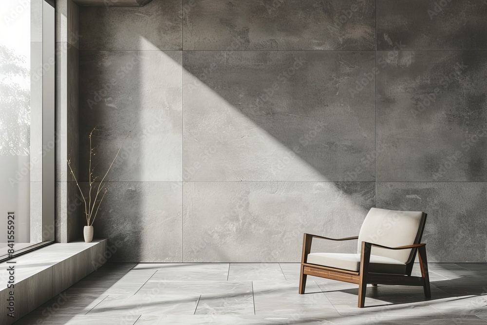 A chair is sitting in a room with a large window. interior design A chair is sitting in a room with a large window. interior design