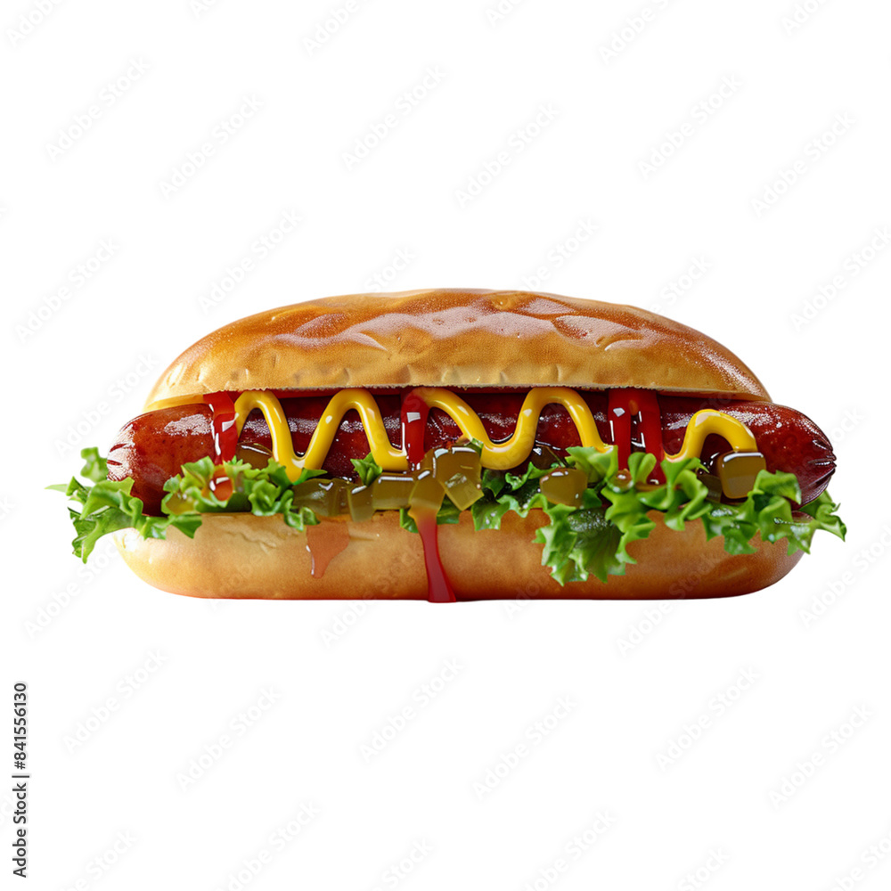 Grilled hotdog topped with mustard, ketchup, and relish, served on a bun with fresh vegetables, presented on a transparent background for an appetizing and savory fast food meal option Grilled hotdog topped with mustard, ketchup, and relish, served on a bun with fresh vegetables, presented on a transparent background for an appetizing and savory fast food meal option