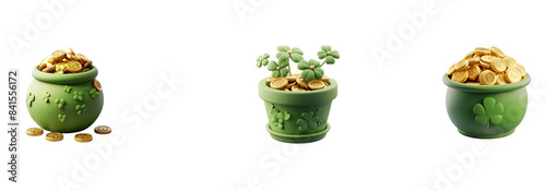 Green Clover Pots and Gold Coins Illustrations Shaprocks  
 isolated on a transparent or white background, png