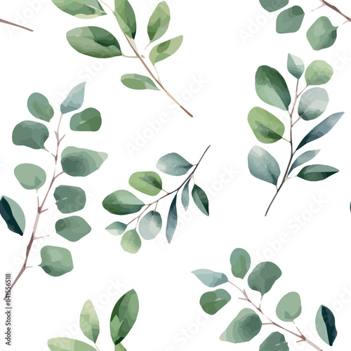  seamless floral pattern eucalyptus . green leaves and branches painted