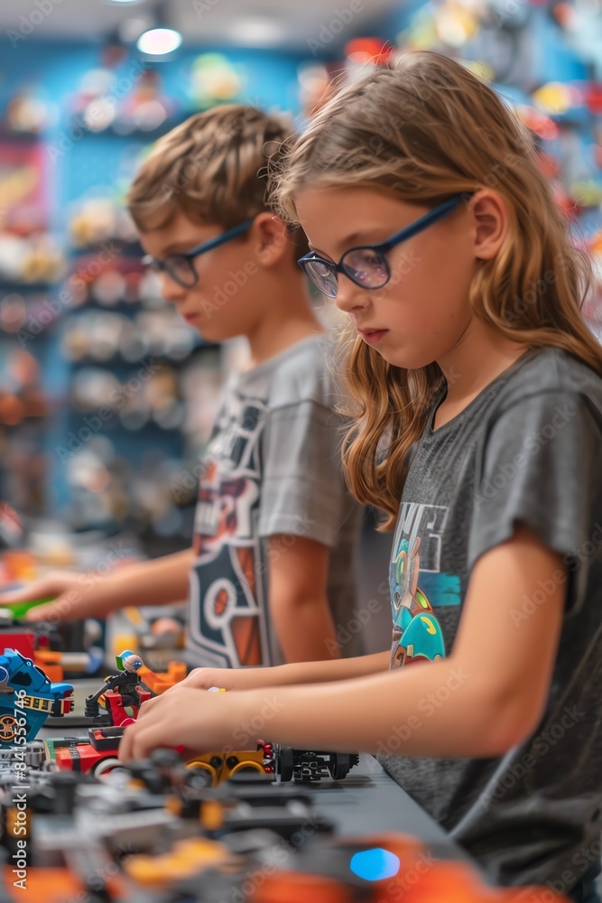 Fototapeta premium Kids building robots, focused, colorful workshop, collaborative environment