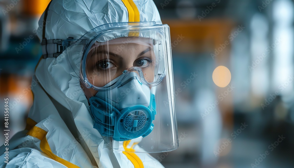 Person in full protective gear and respirator, working in a hazardous environment Person in full protective gear and respirator, working in a hazardous environment