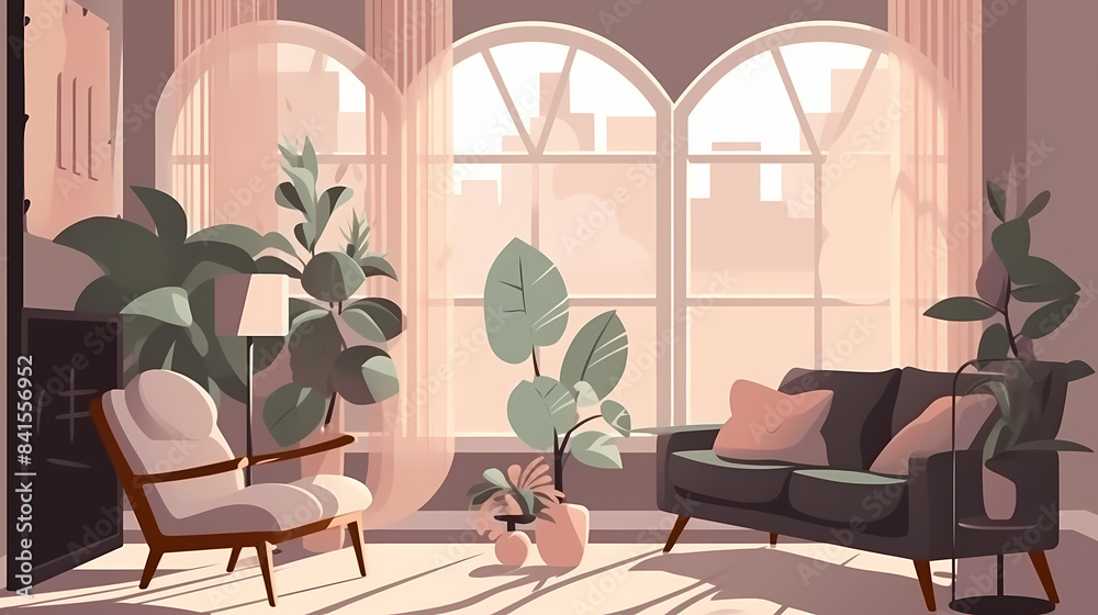 Living room interior. Comfortable sofa, window, chair and house plants. Paper cut style Living room interior. Comfortable sofa, window, chair and house plants. Paper cut style
