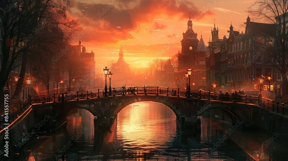 A bridge at dusk with the setting sun casting the shadow of the structure onto the river below illustration background poster decorative painting