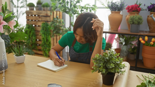 African american woman writing in notebook at indoor flower shop surrounded by plants