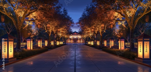 A panoramic view of a pathway lined with trees, each bearing lanterns inscribed with team members' names, leading towards a brightly lit, , representing the path of teamwork leading to success.