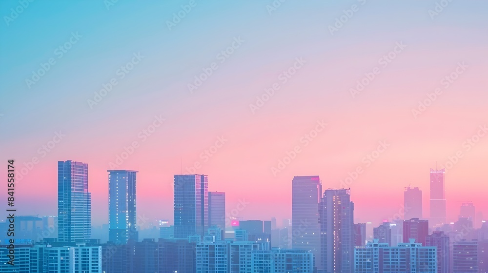 Serene Cityscape at Dusk with Tall Skyscrapers and Vibrant Pastel Sky