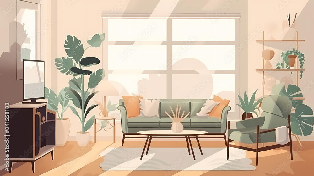 Living room interior. Comfortable sofa, window, chair and house plants. Paper cut style Living room interior. Comfortable sofa, window, chair and house plants. Paper cut style