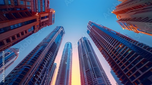 Innovative High Rise Towers Reaching for the Sky in the Evening City Landscape