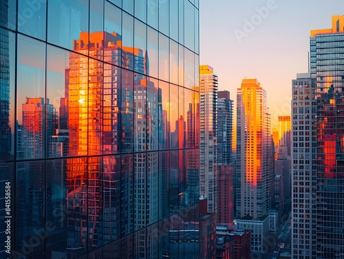 Sunset Glow on Towering Glass Facades of a Serene Cityscape Reflection