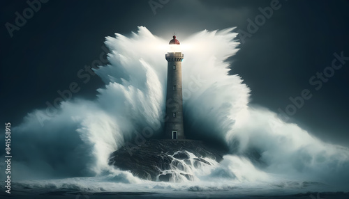 a lighthouse standing firm amidst a powerful storm. Enormous waves crash against the rocky base, sending sprays of water high into the air