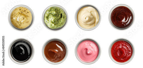 Variety of sauce in a bowl top view png, collection of different dipping sauces, colorful and tasy isolated on transparent background, bundle set hd photo