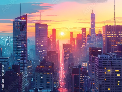 Vibrant Cityscape with Towering Skyscrapers and Glowing Sunset