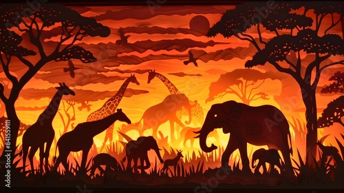 Minimalist Paper Cut Safari Scene with Elephants and Giraffes at Dramatic Sunset