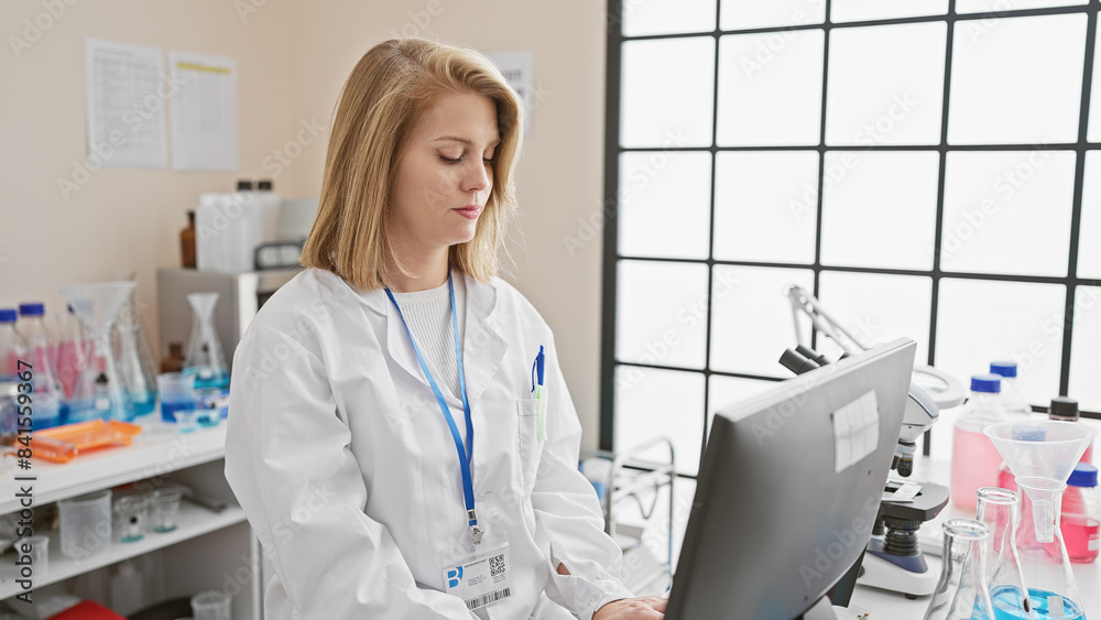 A focused woman scientist in a white lab coat using a computer in a laboratory setting filled with scientific equipment. A focused woman scientist in a white lab coat using a computer in a laboratory setting filled with scientific equipment.