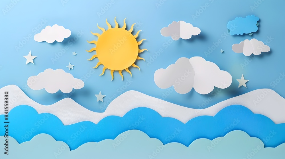Minimalist Paper Cut Sun and Clouds in Blue Sky Landscape Minimalist Paper Cut Sun and Clouds in Blue Sky Landscape