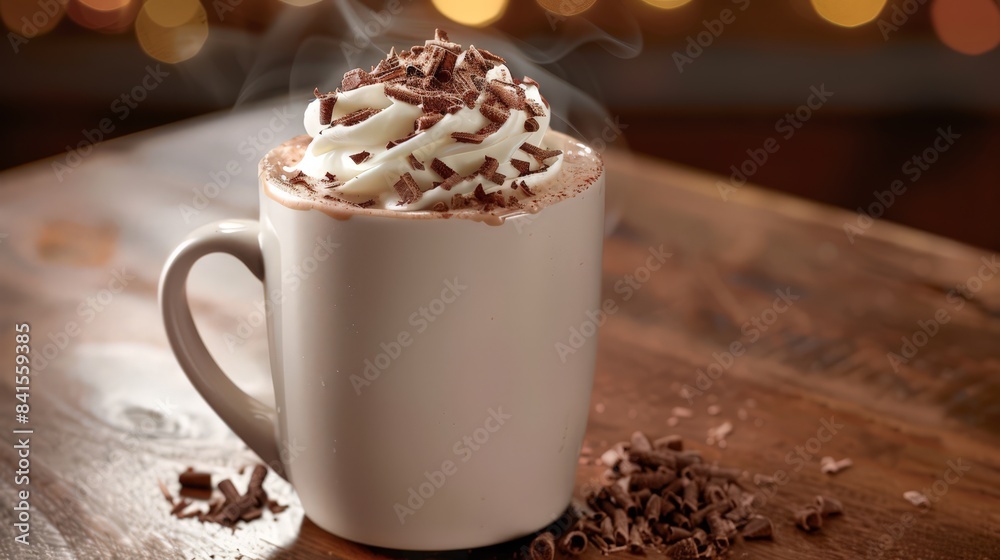Create an image of a steaming mug of hot chocolate topped with whipped cream and chocolate shavings, perfect for a cozy night in.
