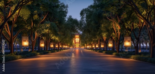 A panoramic view of a pathway lined with trees  each bearing lanterns inscribed with team members  names  leading towards a brightly lit    representing the path of teamwork leading to success.