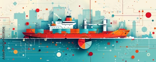 A red ship is floating in the ocean with a city skyline in the background. The ship is surrounded by a lot of dots, which gives the image a busy and chaotic feel. Scene is one of hustle