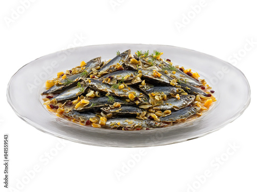 Sarde in Saor Venetian sweet and sour sardines with onions and raisins served photo