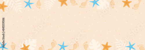 Summer banner. Frame with footprints, starfish and leaves on sand, copy space. Flat vector illustration