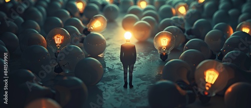 Background image with a person illuminated from the front with. It is a concept for the unique creativity of enlightened thinking. Free space for edit