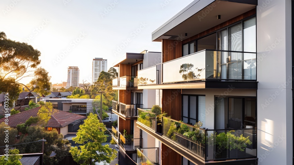 Create an image of a stylish urban apartment complex with balconies and rooftop gardens, highlighting contemporary living spaces. Create an image of a stylish urban apartment complex with balconies and rooftop gardens, highlighting contemporary living spaces.