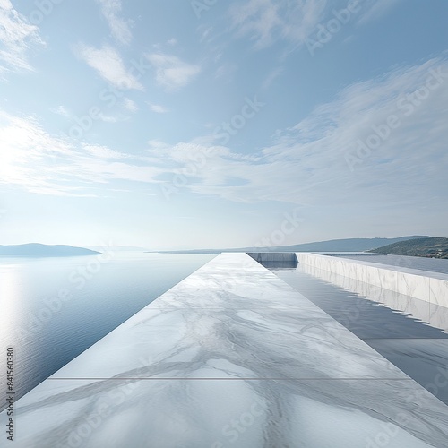 A panoramic view of a seamless marble terrace overlooking the sea  with the edge of the marble blending into the horizon  creating a sense of infinity and connection with the natural world.