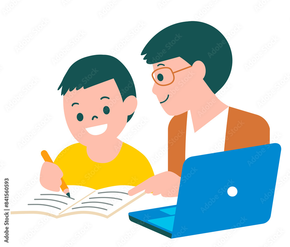 PNG boy studying online class with parent character flat graphic PNG boy studying online class with parent character flat graphic