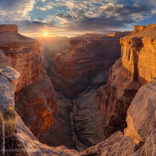 A panoramic view of a vast canyon at golden hour  with the setting sun casting a warm glow over the stratified rock walls  highlighting the grandeur and scale of the natural wonder.