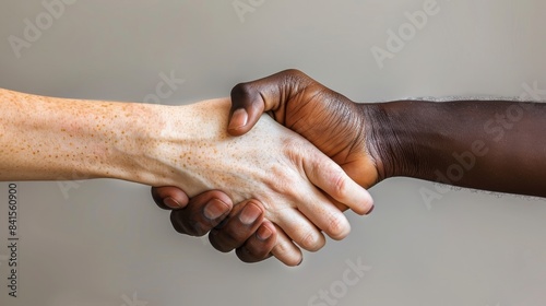 Two hands shaking hands, one white and one black