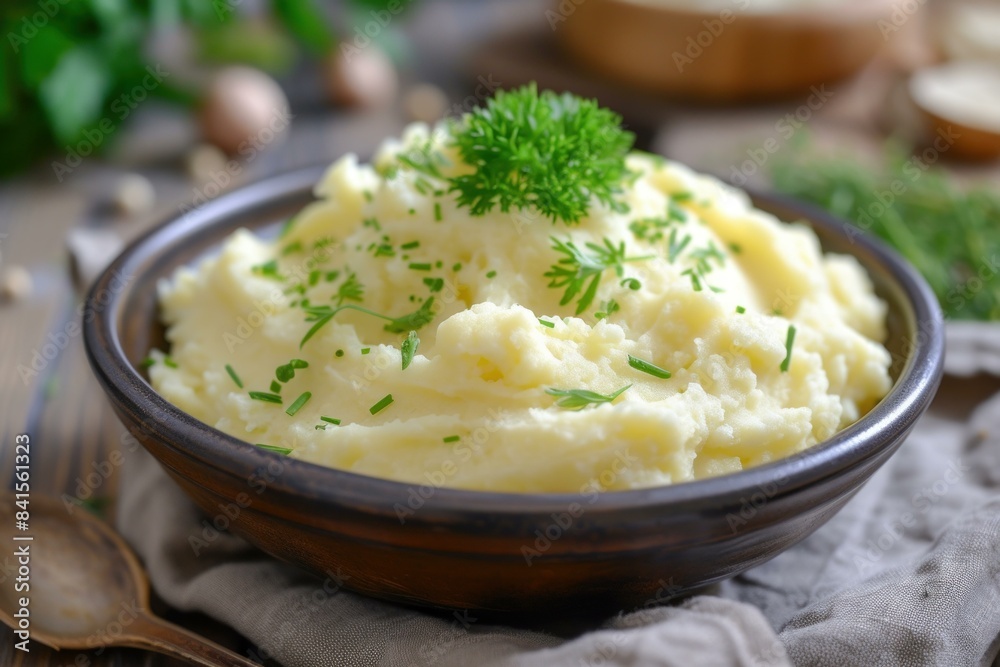 Delicious bowl of creamy mashed potatoes garnished with fresh herbs on a wooden table Delicious bowl of creamy mashed potatoes garnished with fresh herbs on a wooden table