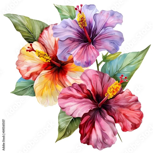 Vibrant Tropical Floral Watercolor Paintings with Hibiscus and Orchids on White Background