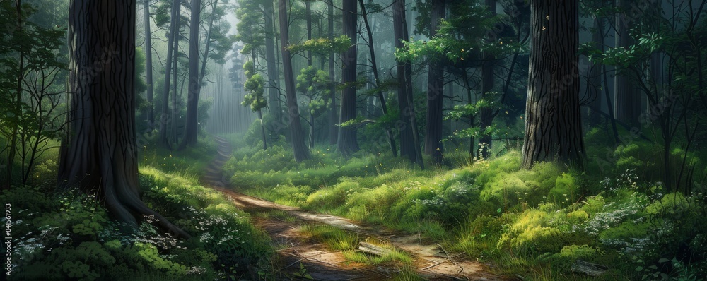 Fototapeta premium Sunlight illuminating a dirt path cutting through a lush green forest