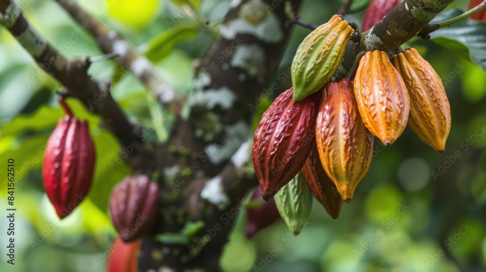 Theobroma cacao fruit on organic farm. Ripe cocoa fruit, Green leaves blurred background.