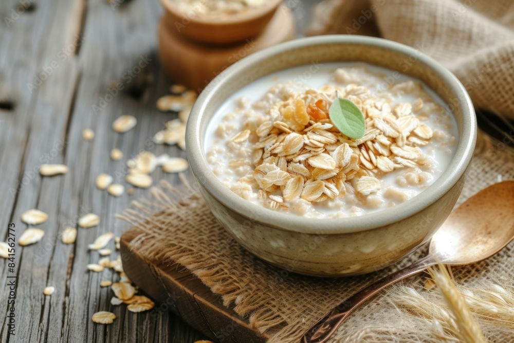 Creamy oatmeal topped with oats in a ceramic bowl, perfect for a nutritious breakfast Creamy oatmeal topped with oats in a ceramic bowl, perfect for a nutritious breakfast