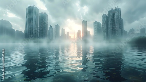 A beautiful cityscape with a river in the foreground and skyscrapers in the background. The sun is rising and there is a mist on the river.