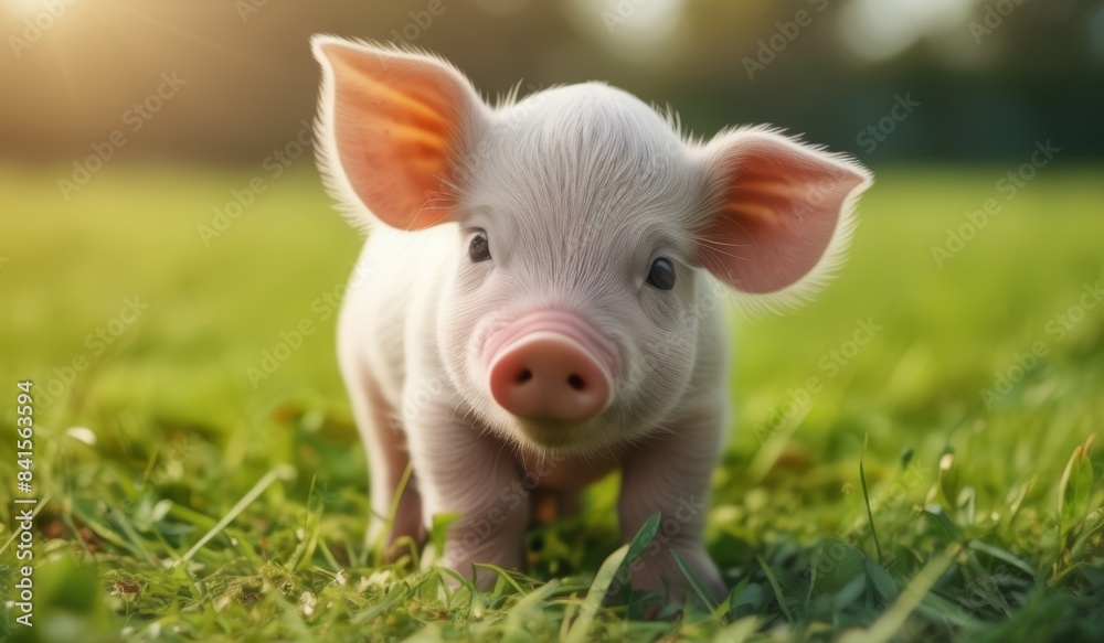 Vegan Values Newborn Piglet Standing Proud on Grass Vegan Values Newborn Piglet Standing Proud on Grass