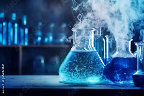 Laboratory flasks and test tubes with blue liquid and steam. Chemical background. Scientific Experimentation. Banner
