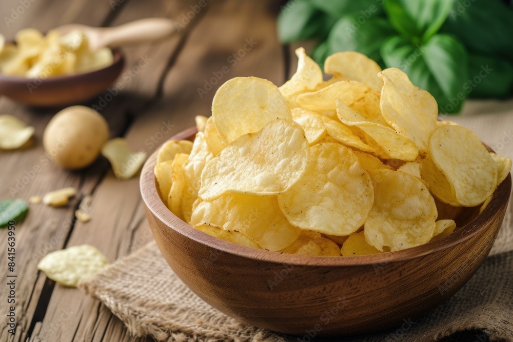 Tasty potato chips in a wooden bowl with raw potatoes and basil leaves in the background Tasty potato chips in a wooden bowl with raw potatoes and basil leaves in the background