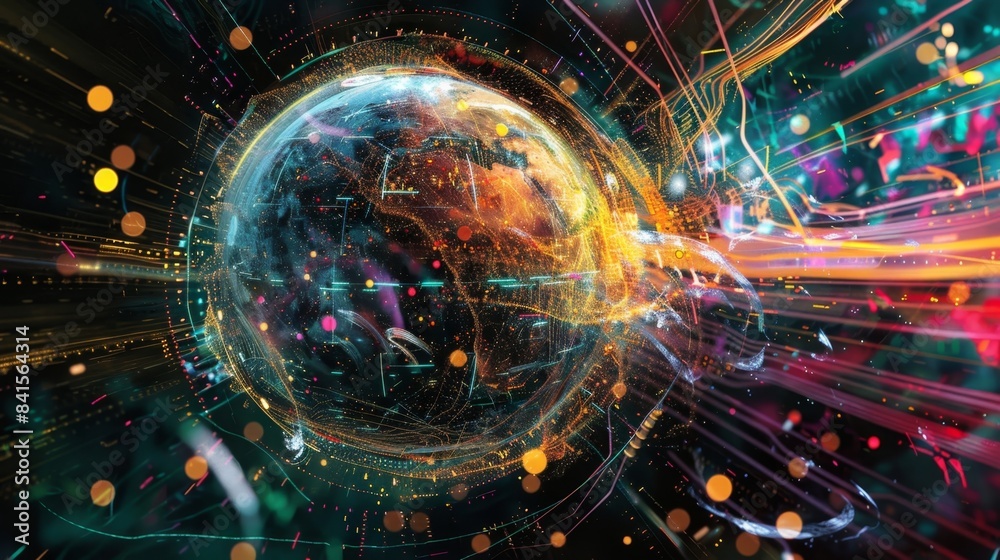 Fototapeta premium The convergence of technology and art beautifully portrayed through a digital globe surrounded by fluid and colorful data streams.