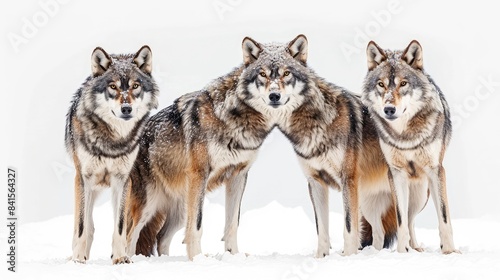 Two white Siberian wolves standing side by side in a snow-covered forest  their fur blending with the winter landscape. 